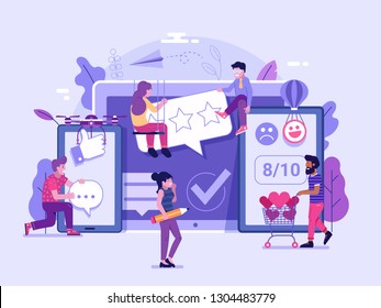 Happy clients leaving positive feedback on social media and internet. Customer satisfaction concept with people sharing good reviews. Excellent client service user experience advertising illustration.