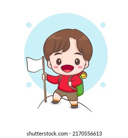 Happy Climber Holding Flag Standing On Top Mountain.Young Smiling Mountaineer Climbing On A Rock. Chibi Cartoon Character. Vector Art Illustration