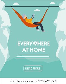 Happy climber relaxing lies in hammock with tablet in the hands of on top of mountain .Everywhere at home. Flat cartoon illustration vector set. Active sport concept set.