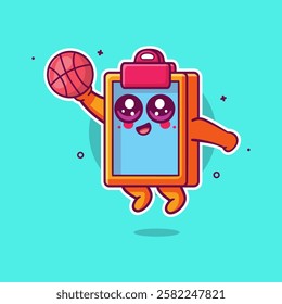 happy clipboard character mascot playing basketball isolated cartoon	