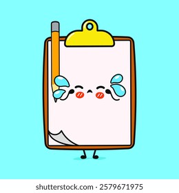 Happy clipboard character with pencil and tears of joy against a bright blue background expressing creativity and enthusiasm