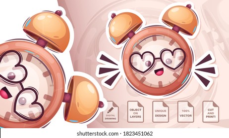 Happy clock alarm - cute sticker. Vector eps 10