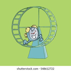 Happy clock running on a hamster wheel. Deadline Concept.