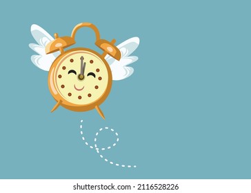 
Happy Clock with Wings Flying Vector Cartoon Illustration. Time flies, everything seems evanescent - vector conceptual poster design 

