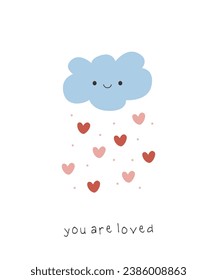 Happy Cloud fällt Liebestherz mit Zitat Sie werden im skandinavischen Stil geliebt. Cartoon Böhmische Postkarte, Poster, Druck für die Wanddekoration. Vektorgrafik