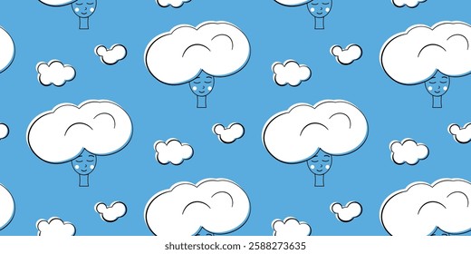 Happy Cloud Faces on a Blue Background. Playful banner depicting smiling cloud faces against a bright blue backdrop, perfect for cute and uplifting designs.