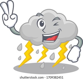 Happy cloud stormy cartoon design concept with two fingers