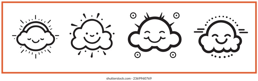 happy cloud and sun flat minimal vector logo style silhouette collection - Shutterstock ID 2369960769