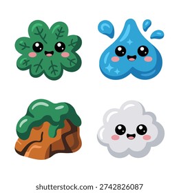 Happy clover, smiling water drop, rocky island with moss and cheerful cloud icons, cute nature vector pack for games, stickers