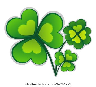 Happy clover with three and four leaves isolated with white background, sticker for your design and print materials.