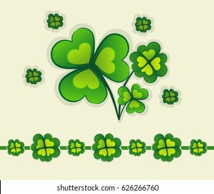 Happy clover with three and four leaves. Clover leaves with light background, sticker for your design and print materials.
