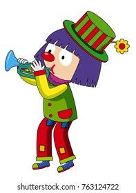 Happy clown blowing trumpet illustration