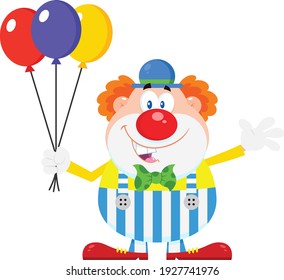 Happy Clown Cartoon Character With Balloons Waving. Vector Illustration Flat Design Isolated On Transparent Background