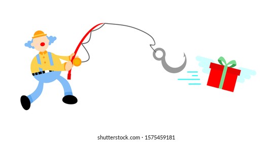 happy clown catch bait gift box cartoon doodle vector illustration flat design style