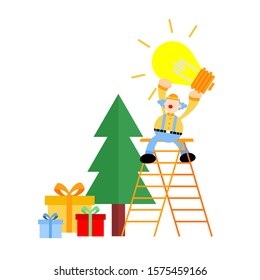 happy clown christmas use bright electric lamp idea cartoon doodle vector illustration flat design style