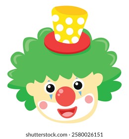 Happy clown face with green hair, red nose, and yellow hat suitable for circusthemed designs, childrens parties, and festive events.