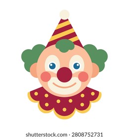 A happy clown face icon featuring a striped party hat and a patterned collar. Perfect for circus themes, children birthday party decor, festivals, and fun events.