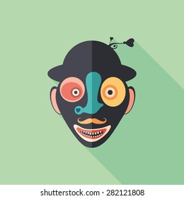 Happy clown flat square icon with long shadows.