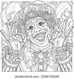 Happy clown  in a frame.Coloring book antistress for children and adults. Illustration isolated on white background.Zen-tangle style. Hand draw