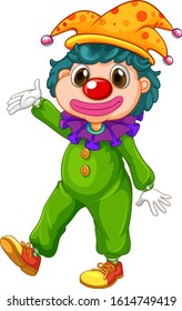Happy clown in green costume and funny hat illustration