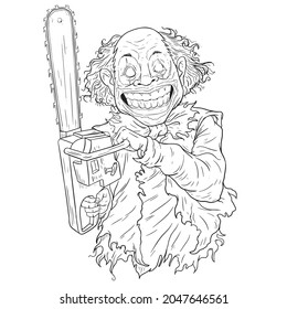 happy clown hold the chainsaw vector outline