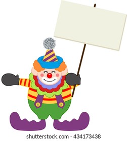 Happy clown holding blank signboard

