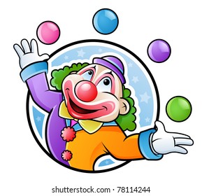 Happy clown juggling with balls in many colors