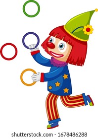 Happy clown juggling colorful rings on white background illustration