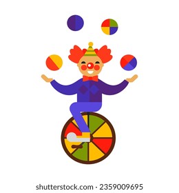Happy clown juggling and riding unicycle flat vector icon. Circus performer dressed in bright clothes entertaining visitors isolated on white background. Profession, entertainment concept