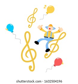happy clown and melody clef music note cartoon doodle flat design style vector illustration