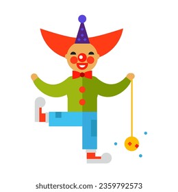 Happy clown performing at show flat vector icon. Circus performer dressed in bright clothes entertaining visitors isolated on white background. Activities and professions, entertainment concept