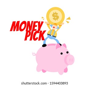 happy clown and pig bank money dollar economy finance cartoon doodle vector illustration flat design style