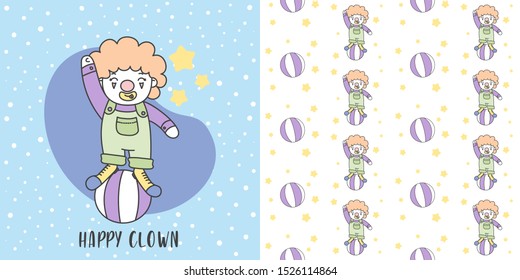Happy Clown playing Ball and Seamless Pattern vector Illustration.