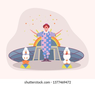 Happy clown with poodles. Dogs performs tricks in the circus. Flat Art Vector illustration