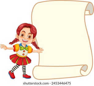 Happy clown presenting an empty parchment scroll.