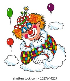 Happy clown is sleeping in the clouds and balloons are flying around, vector, colored. 