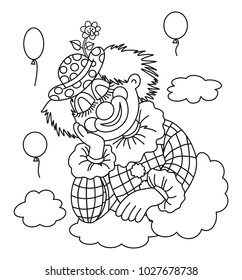 Happy clown is sleeping in the clouds, black and white, vector, balloons