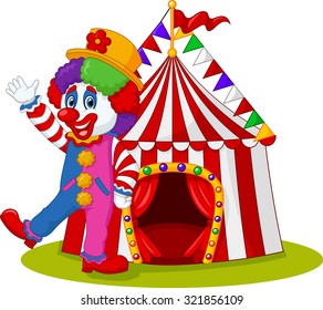 Happy clown waving with Circus tent on isolated background 