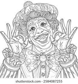 Happy clown.Coloring book antistress for children and adults. Illustration isolated on white background.Zen-tangle style. Hand draw