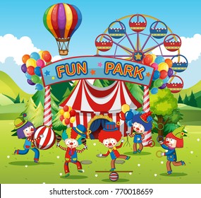 Happy clowns in fun park illustration