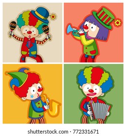 Happy clowns playing different instruments illustration