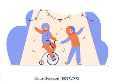 Happy clowns standing on circus arena flat vector illustration. Cartoon joker characters performing show on colorful background. Comedy and entertainment concept