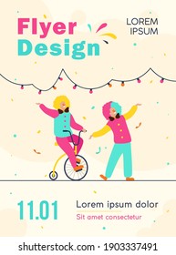 Happy clowns standing on circus arena flat vector illustration. Cartoon joker characters performing show on colorful background. Comedy and entertainment concept