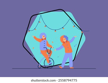 Happy clowns standing on circus arena flat vector illustration. Cartoon joker characters performing show on colorful background. Comedy and entertainment concept