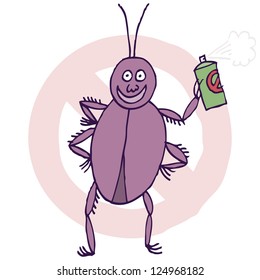A happy cockroach spraying bug spray.
