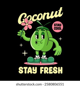 Happy Coconut Tropical Summer Vibes Cartoon Character in Retro Vintage Style