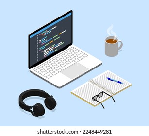 Happy coding. Enjoying coding activity. 3D isometric illustration. Editable vector for presentation, infographic, website, apps, and other uses.