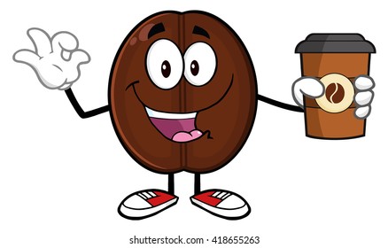 Happy Coffee Bean Cartoon Mascot Character Holding A Coffee Cup And Gesturing Ok. Vector Illustration Isolated On White