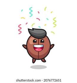happy coffee bean mascot jumping for congratulation with colour confetti , cute style design for t shirt, sticker, logo element