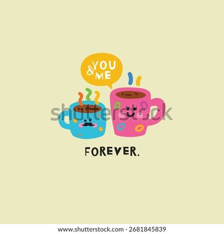 Happy Coffee Break Vector with Funny Mugs and Coffee Beans 